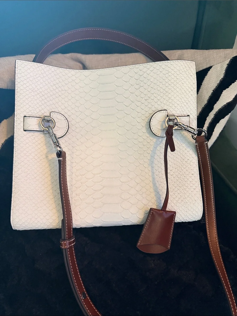 Small Tory Burch Lee Radziwill white Python-Embossed Top-Handle Bag.